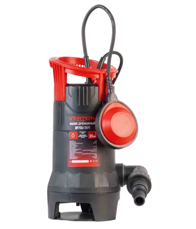 Дренажный насос для грязной воды Verton AQUA DP750/35PE (мощн.750Вт.,напр. 230/50 В/Гц.,макс. выс.8 м.,произв.225 л/мин.,макс.темп. 35.,IPX8.,нижн.забор воды.,диаметр частиц 35мм.,пласт.корпус,внешний поплавок)